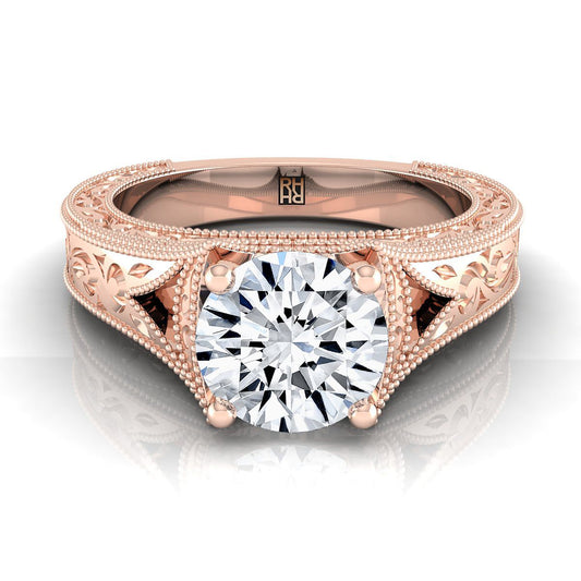 14K Rose Gold Round Brilliant  Hand Engraved and Milgrain Vintage Solitaire Engagement Ring