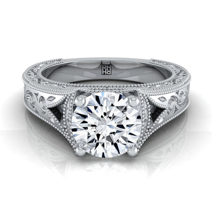 18K White Gold Round Brilliant  Hand Engraved and Milgrain Vintage Solitaire Engagement Ring