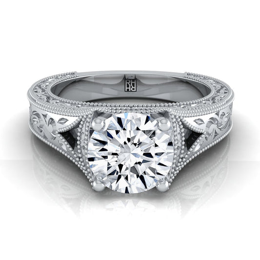 14K White Gold Round Brilliant  Hand Engraved and Milgrain Vintage Solitaire Engagement Ring