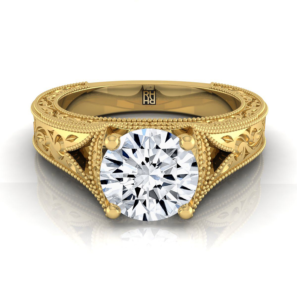 14K Yellow Gold Round Brilliant  Hand Engraved and Milgrain Vintage Solitaire Engagement Ring