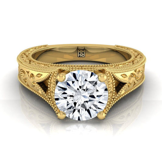 18K Yellow Gold Round Brilliant  Hand Engraved and Milgrain Vintage Solitaire Engagement Ring