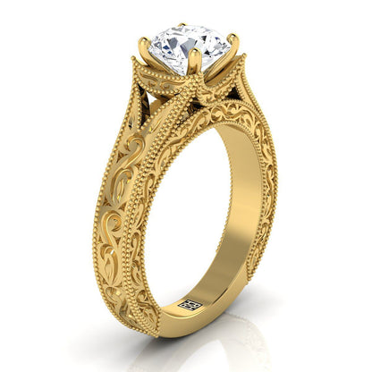 14K Yellow Gold Round Brilliant  Hand Engraved and Milgrain Vintage Solitaire Engagement Ring