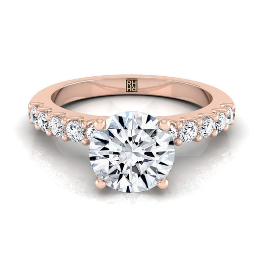 14K Rose Gold Round Brilliant Simple Linear Diamond Pave Engagement Ring