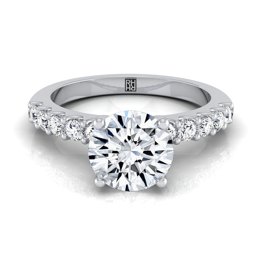 18K White Gold Round Brilliant Simple Linear Diamond Pave Engagement Ring