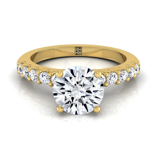 18K Yellow Gold Round Brilliant Simple Linear Diamond Pave Engagement Ring