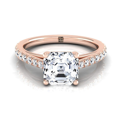 14K Rose Gold Asscher Cut Diamond French Pave Cathedral Style Solitaire Engagement Ring -1/4ctw