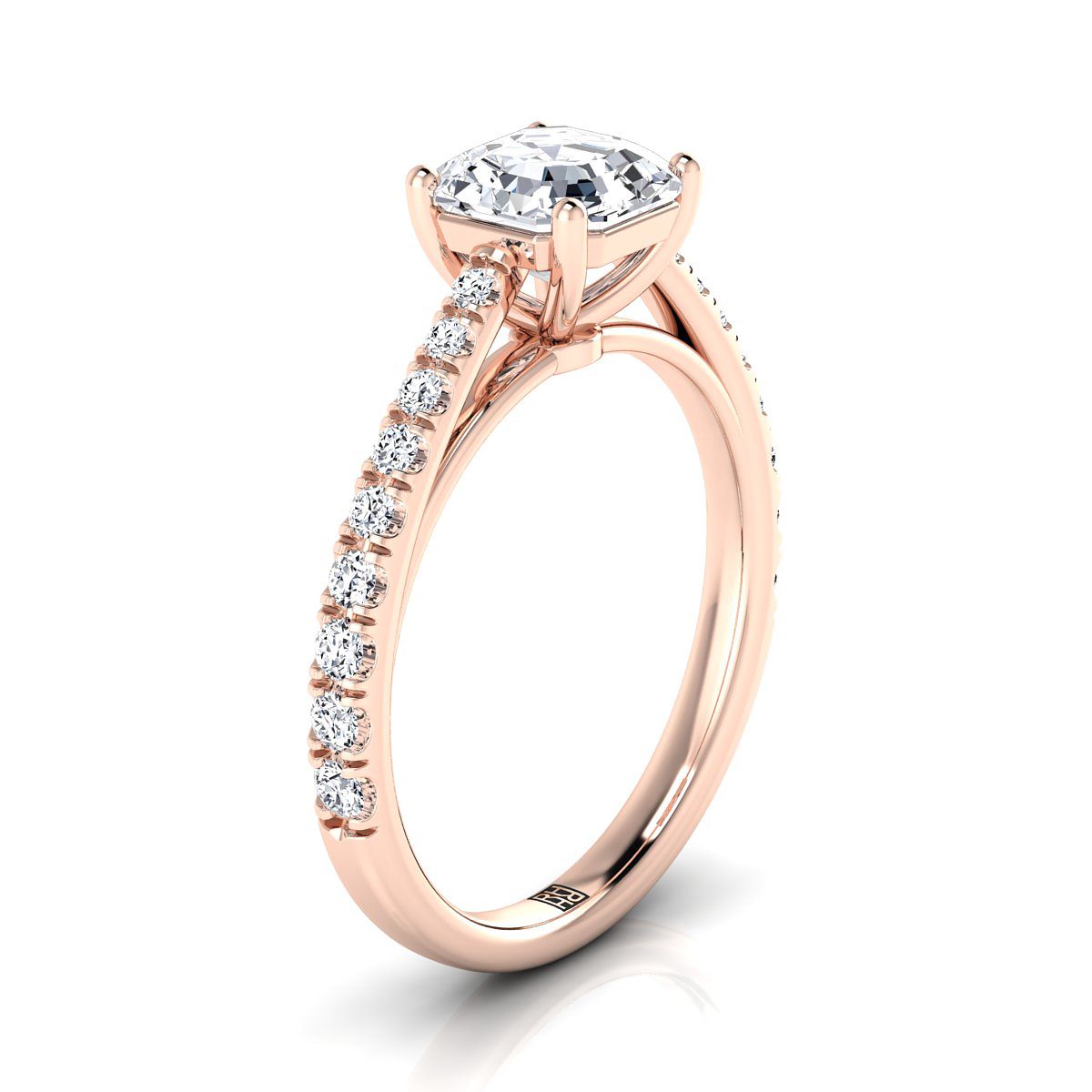 14K Rose Gold Asscher Cut Diamond French Pave Cathedral Style Solitaire Engagement Ring -1/4ctw