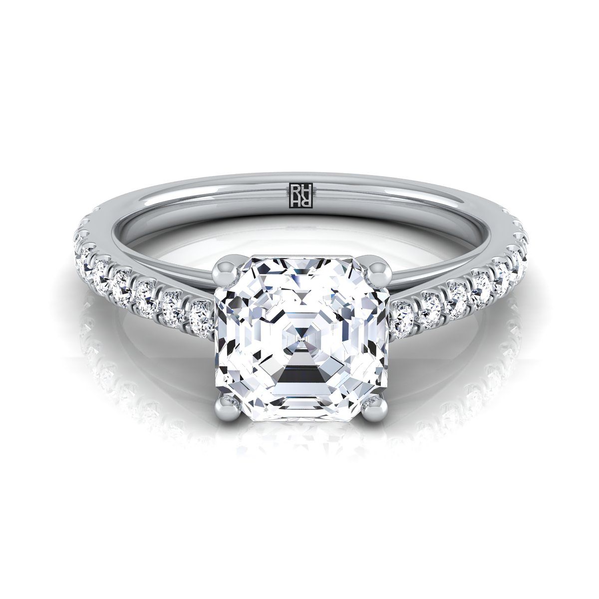 18K White Gold Asscher Cut Diamond French Pave Cathedral Style Solitaire Engagement Ring -1/4ctw