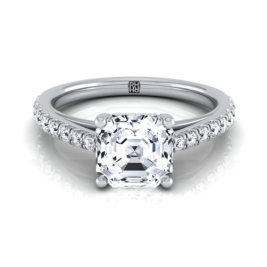 18K White Gold Asscher Cut Diamond French Pave Cathedral Style Solitaire Engagement Ring -1/4ctw