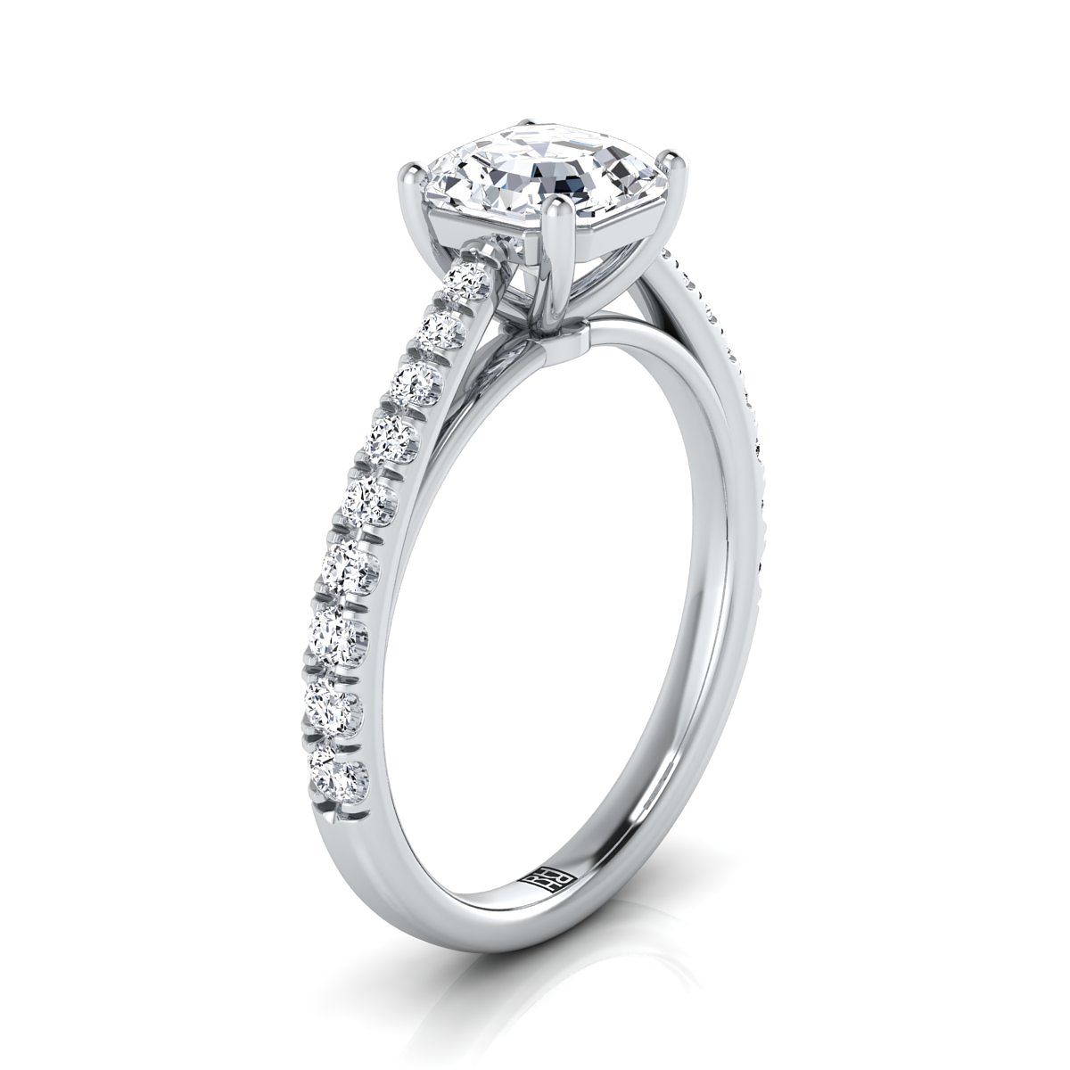 Platinum Asscher Cut Diamond French Pave Cathedral Style Solitaire Engagement Ring -1/4ctw