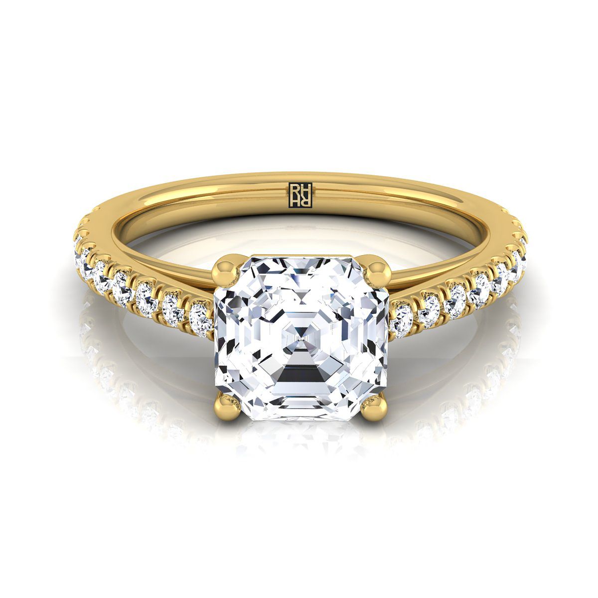 18K Yellow Gold Asscher Cut Diamond French Pave Cathedral Style Solitaire Engagement Ring -1/4ctw