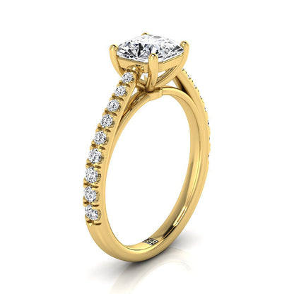 18K Yellow Gold Asscher Cut Diamond French Pave Cathedral Style Solitaire Engagement Ring -1/4ctw