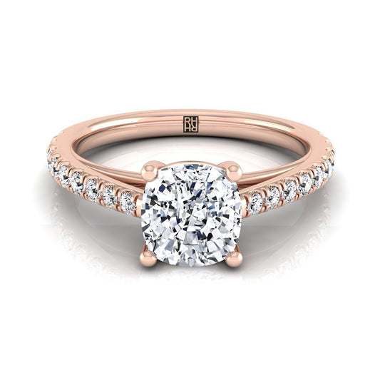 14K Rose Gold Cushion Diamond French Pave Cathedral Style Solitaire Engagement Ring -1/4ctw