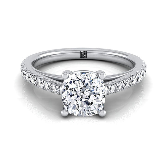 18K White Gold Cushion Diamond French Pave Cathedral Style Solitaire Engagement Ring -1/4ctw