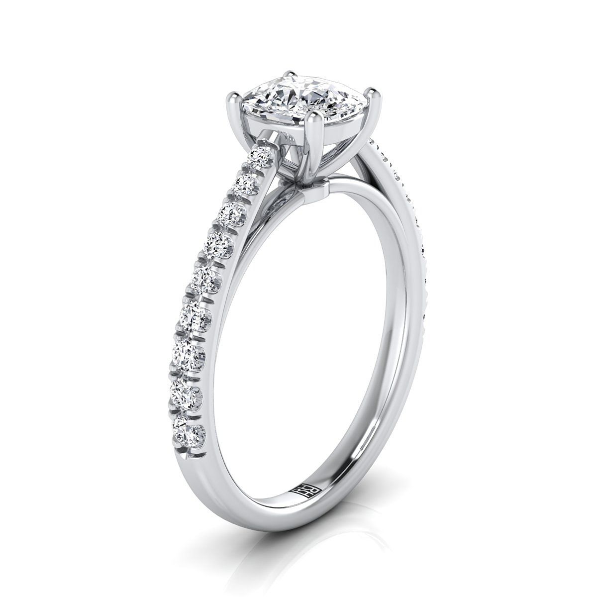 Platinum Cushion Diamond French Pave Cathedral Style Solitaire Engagement Ring -1/4ctw