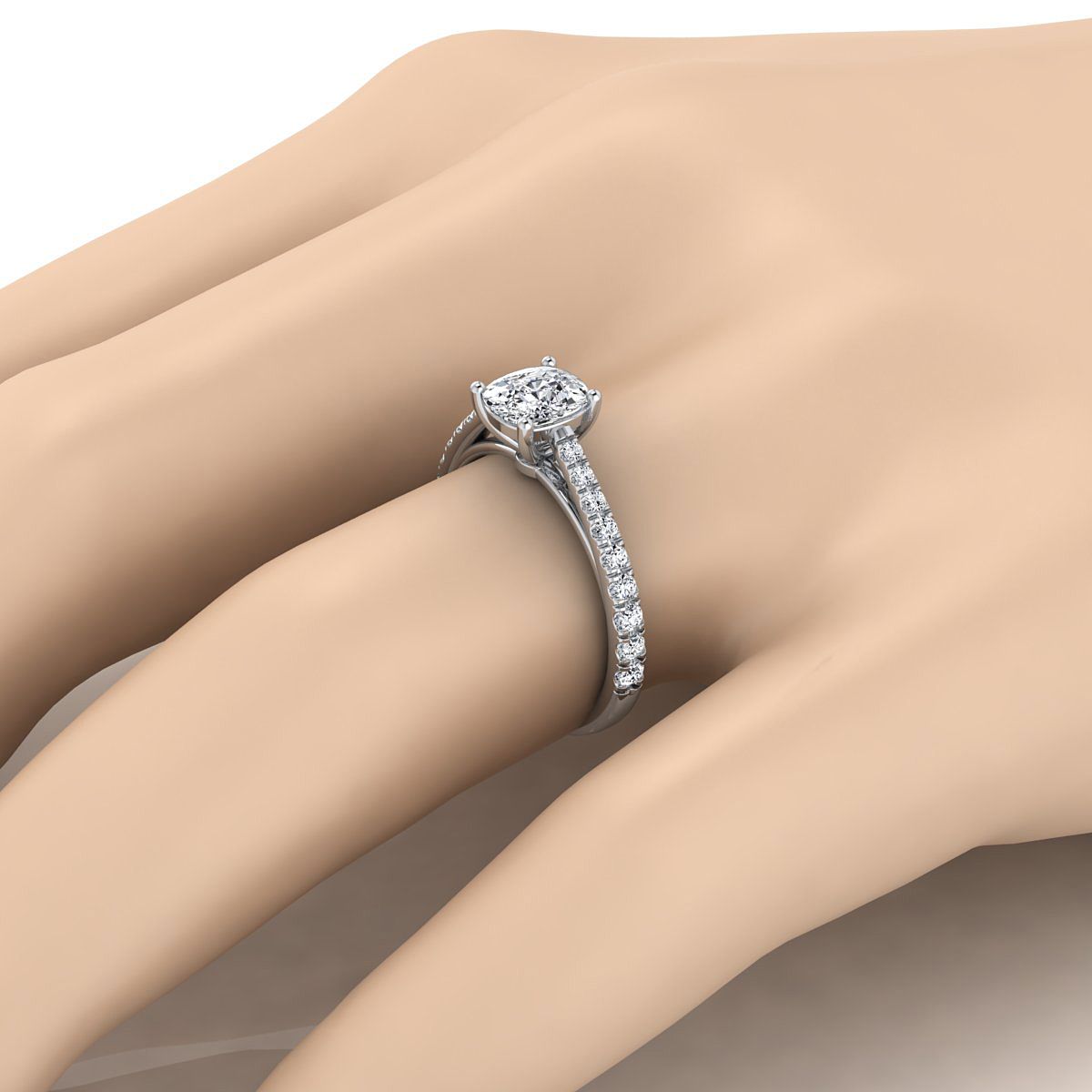 Platinum Cushion Diamond French Pave Cathedral Style Solitaire Engagement Ring -1/4ctw