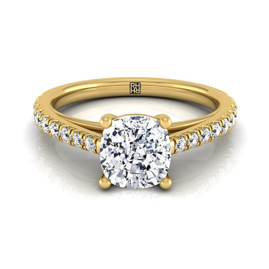 14K Yellow Gold Cushion Diamond French Pave Cathedral Style Solitaire Engagement Ring -1/4ctw