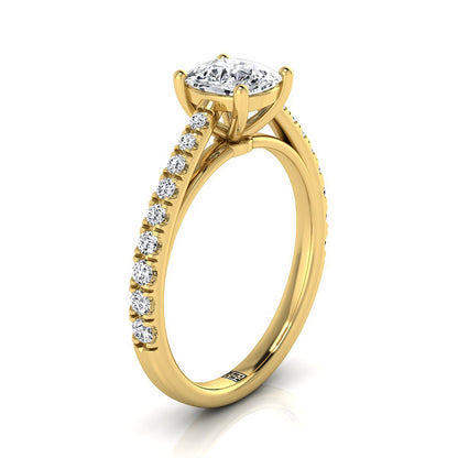 18K Yellow Gold Cushion Diamond French Pave Cathedral Style Solitaire Engagement Ring -1/4ctw