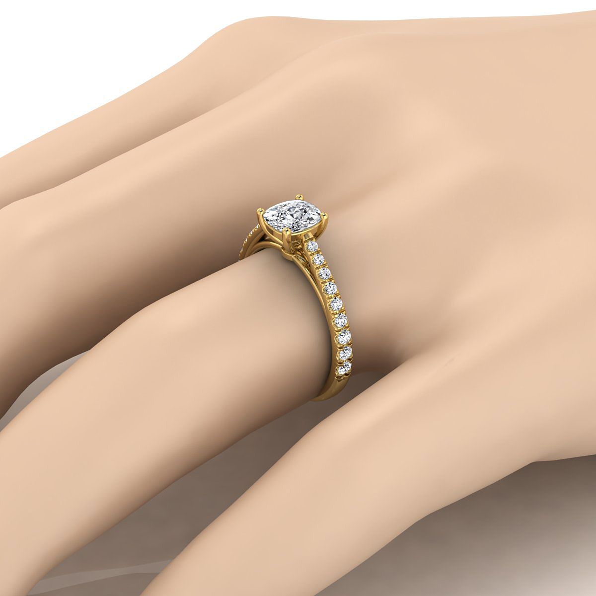 18K Yellow Gold Cushion Diamond French Pave Cathedral Style Solitaire Engagement Ring -1/4ctw