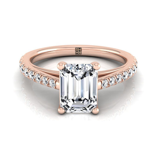 14K Rose Gold Emerald Cut Diamond French Pave Cathedral Style Solitaire Engagement Ring -1/4ctw