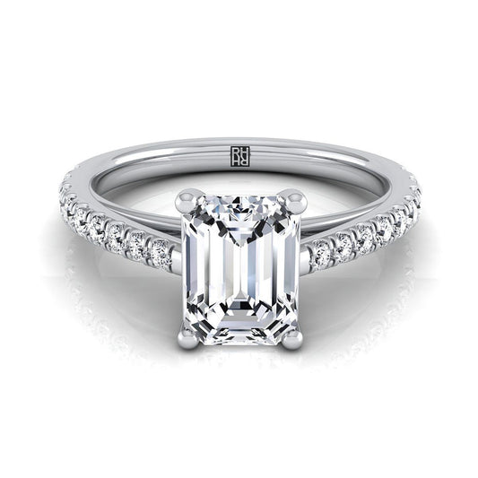 18K White Gold Emerald Cut Diamond French Pave Cathedral Style Solitaire Engagement Ring -1/4ctw