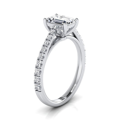 18K White Gold Emerald Cut Diamond French Pave Cathedral Style Solitaire Engagement Ring -1/4ctw