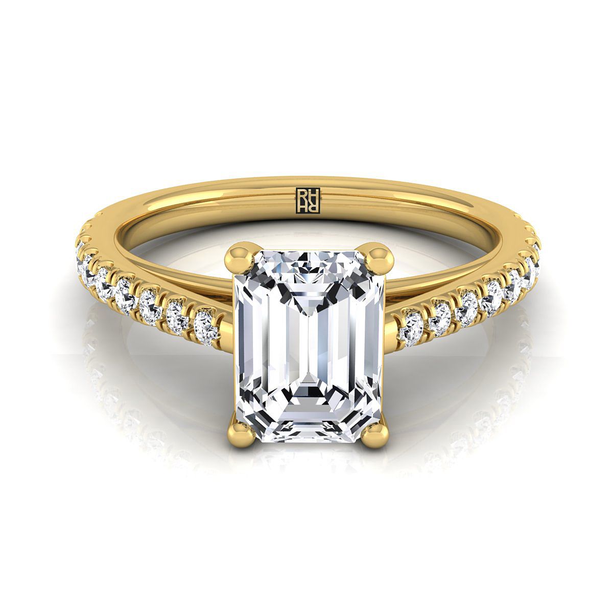 14K Yellow Gold Emerald Cut Diamond French Pave Cathedral Style Solitaire Engagement Ring -1/4ctw