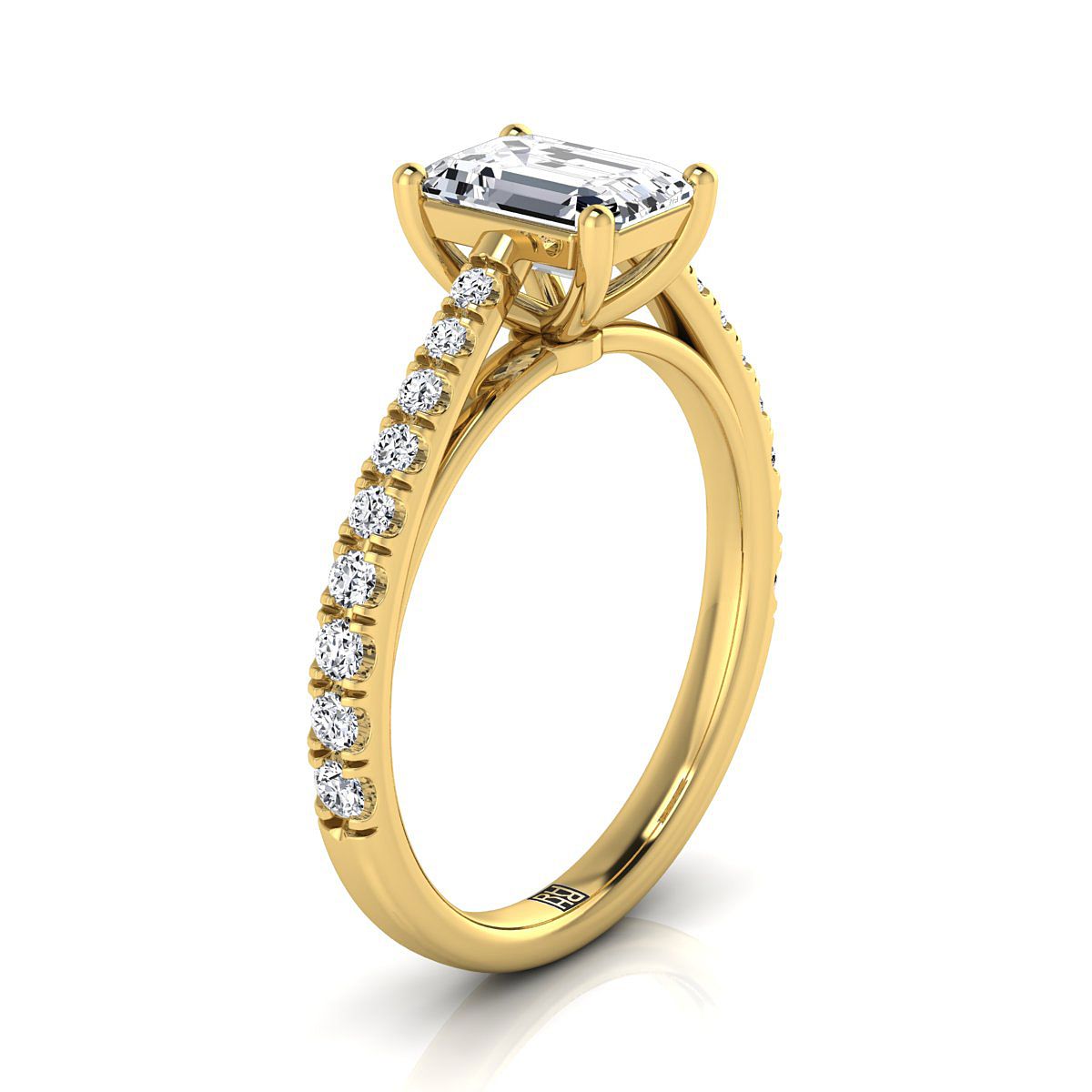 18K Yellow Gold Emerald Cut Diamond French Pave Cathedral Style Solitaire Engagement Ring -1/4ctw