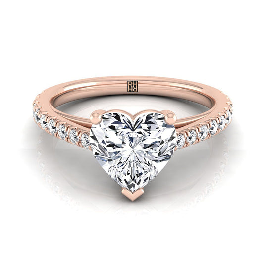 14K Rose Gold Heart Shape Center Diamond French Pave Cathedral Style Solitaire Engagement Ring -1/4ctw