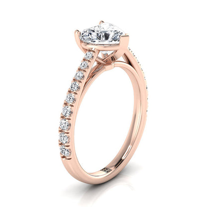 14K Rose Gold Heart Shape Center Diamond French Pave Cathedral Style Solitaire Engagement Ring -1/4ctw
