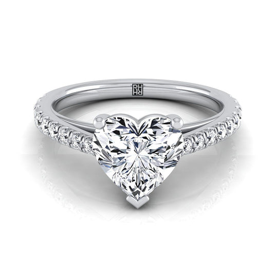 14K White Gold Heart Shape Center Diamond French Pave Cathedral Style Solitaire Engagement Ring -1/4ctw