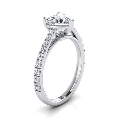 Platinum Heart Shape Center Diamond French Pave Cathedral Style Solitaire Engagement Ring -1/4ctw
