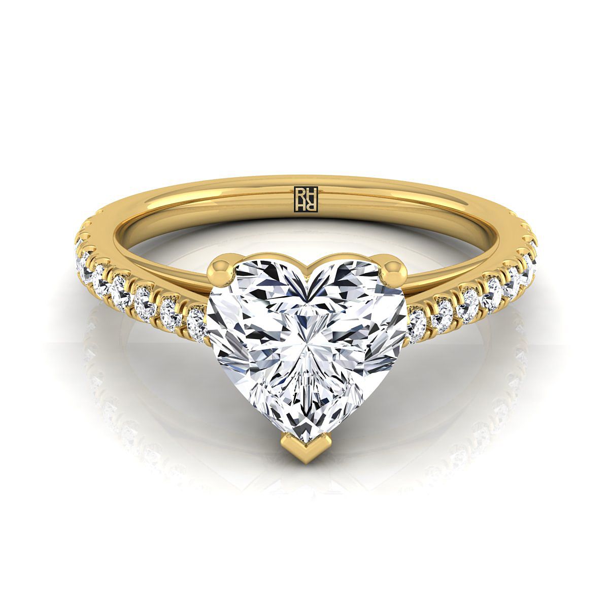 18K Yellow Gold Heart Shape Center Diamond French Pave Cathedral Style Solitaire Engagement Ring -1/4ctw