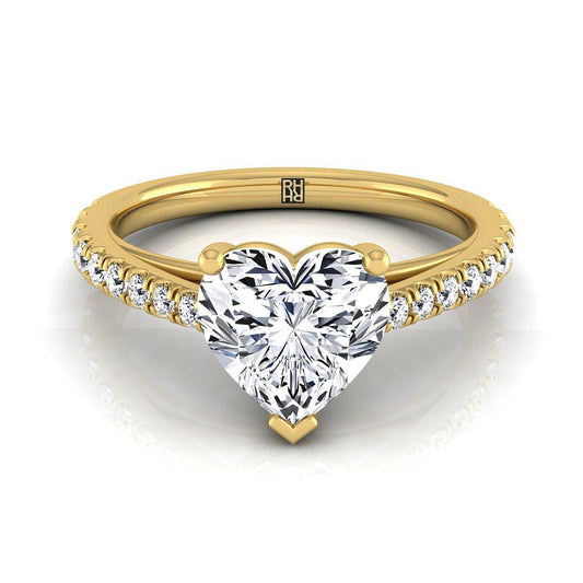 14K Yellow Gold Heart Shape Center Diamond French Pave Cathedral Style Solitaire Engagement Ring -1/4ctw