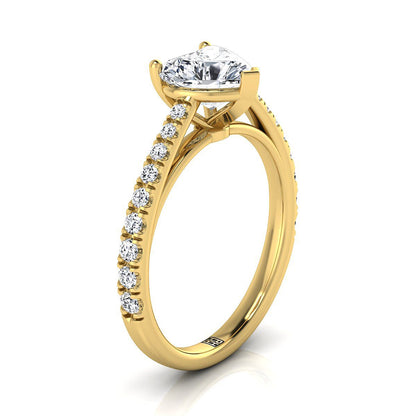 18K Yellow Gold Heart Shape Center Diamond French Pave Cathedral Style Solitaire Engagement Ring -1/4ctw