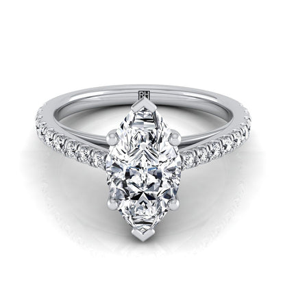 18K White Gold Marquise  Diamond French Pave Cathedral Style Solitaire Engagement Ring -1/4ctw