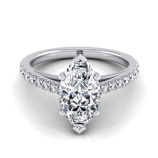 14K White Gold Marquise  Diamond French Pave Cathedral Style Solitaire Engagement Ring -1/4ctw