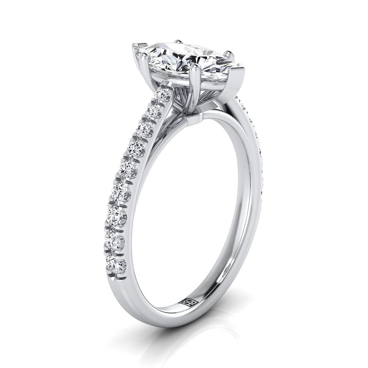 18K White Gold Marquise  Diamond French Pave Cathedral Style Solitaire Engagement Ring -1/4ctw