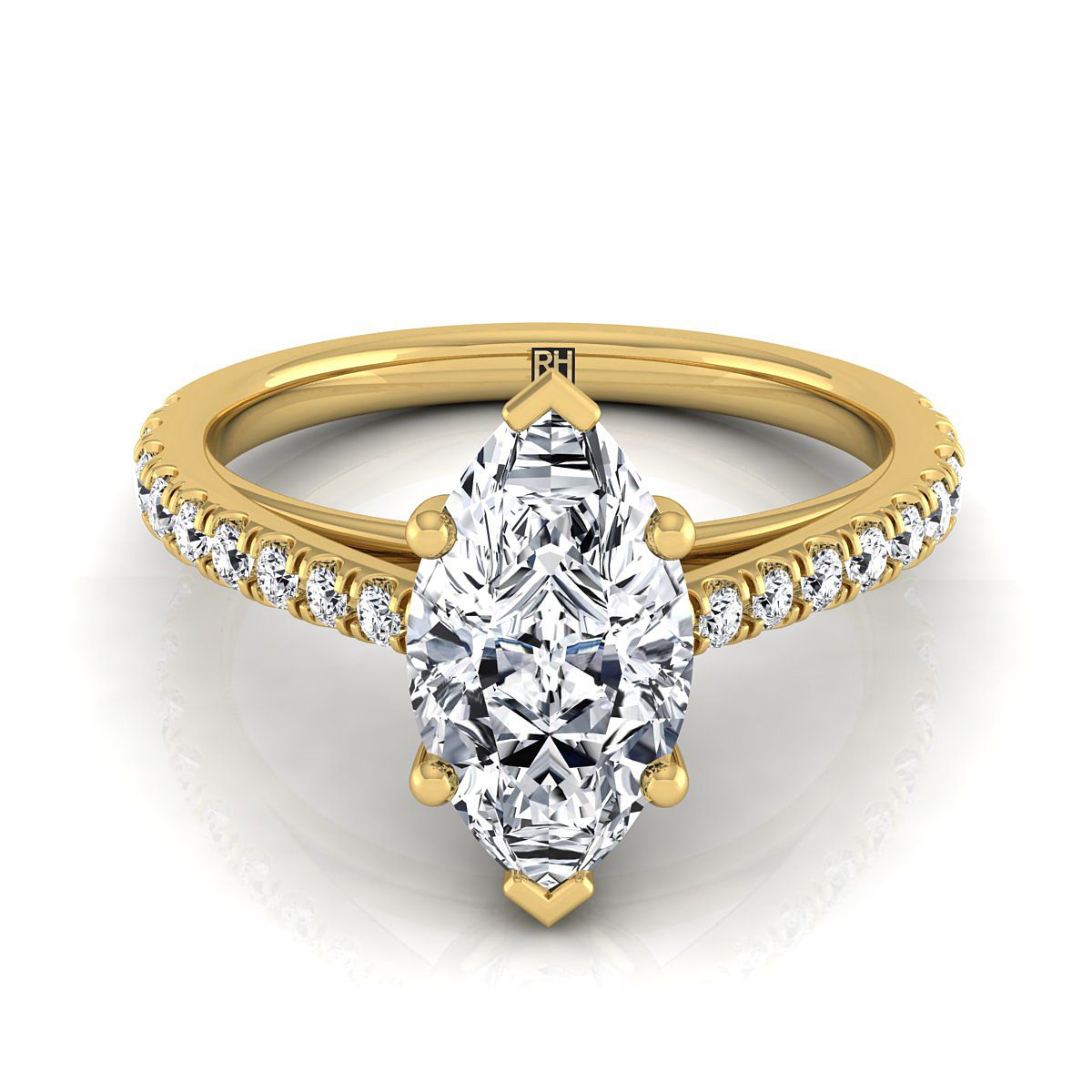14K Yellow Gold Marquise  Diamond French Pave Cathedral Style Solitaire Engagement Ring -1/4ctw