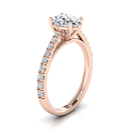14K Rose Gold Oval Diamond French Pave Cathedral Style Solitaire Engagement Ring -1/4ctw