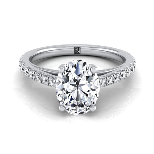 14K White Gold Oval Diamond French Pave Cathedral Style Solitaire Engagement Ring -1/4ctw