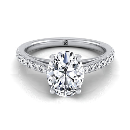 18K White Gold Oval Diamond French Pave Cathedral Style Solitaire Engagement Ring -1/4ctw