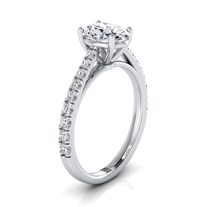 18K White Gold Oval Diamond French Pave Cathedral Style Solitaire Engagement Ring -1/4ctw