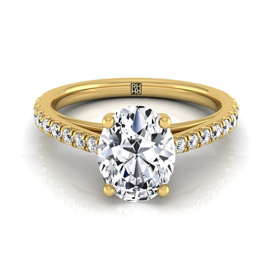 18K Yellow Gold Oval Diamond French Pave Cathedral Style Solitaire Engagement Ring -1/4ctw