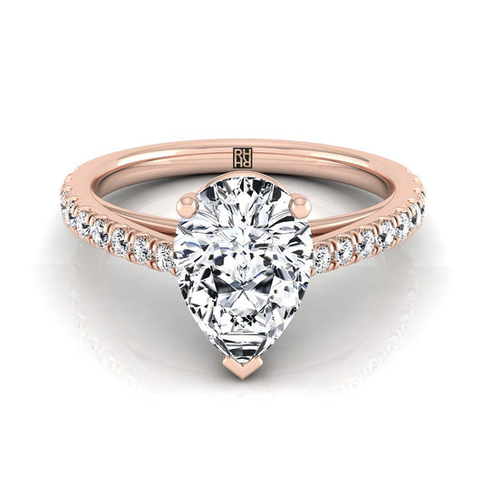 14K Rose Gold Pear Shape Center Diamond French Pave Cathedral Style Solitaire Engagement Ring -1/4ctw