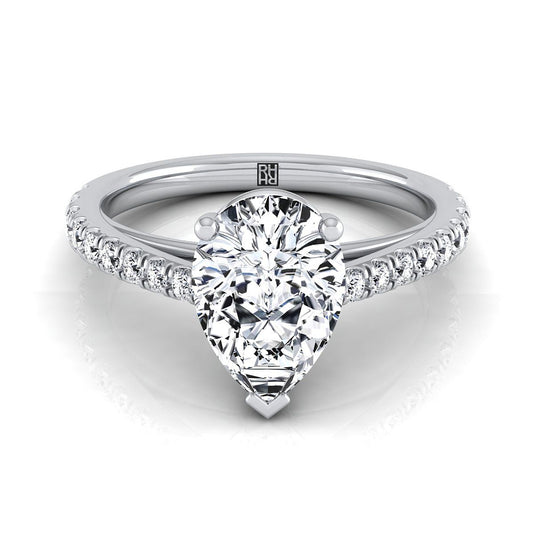 14K White Gold Pear Shape Center Diamond French Pave Cathedral Style Solitaire Engagement Ring -1/4ctw