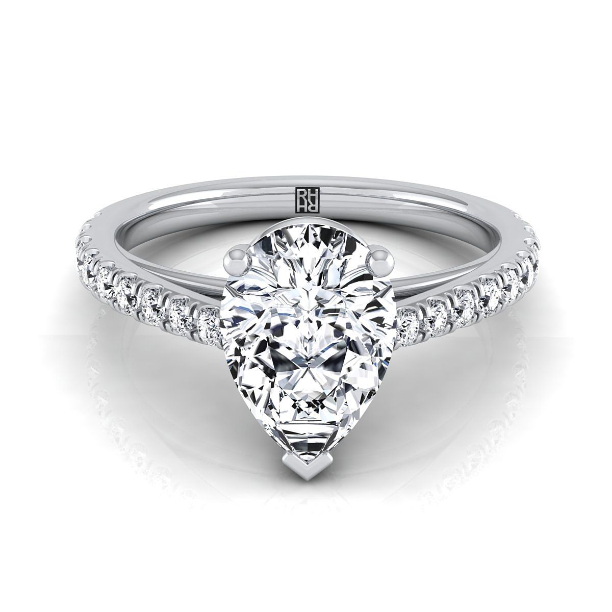 Platinum Pear Shape Center Diamond French Pave Cathedral Style Solitaire Engagement Ring -1/4ctw