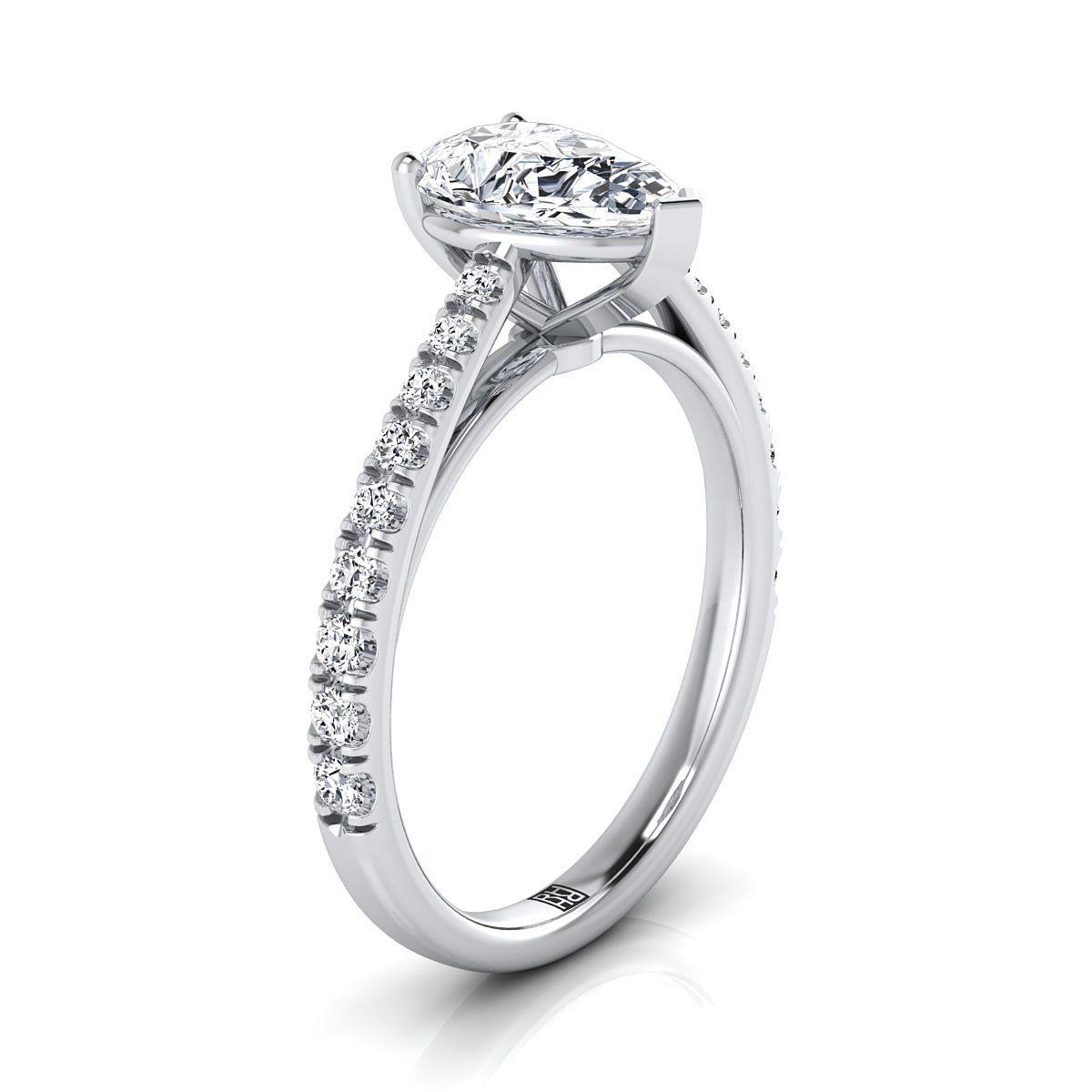 Platinum Pear Shape Center Diamond French Pave Cathedral Style Solitaire Engagement Ring -1/4ctw