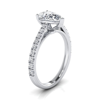 18K White Gold Pear Shape Center Diamond French Pave Cathedral Style Solitaire Engagement Ring -1/4ctw