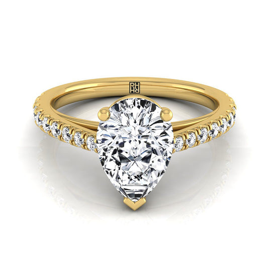 18K Yellow Gold Pear Shape Center Diamond French Pave Cathedral Style Solitaire Engagement Ring -1/4ctw